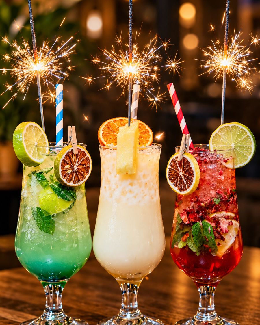 Trois cocktails colorés avec étincelles